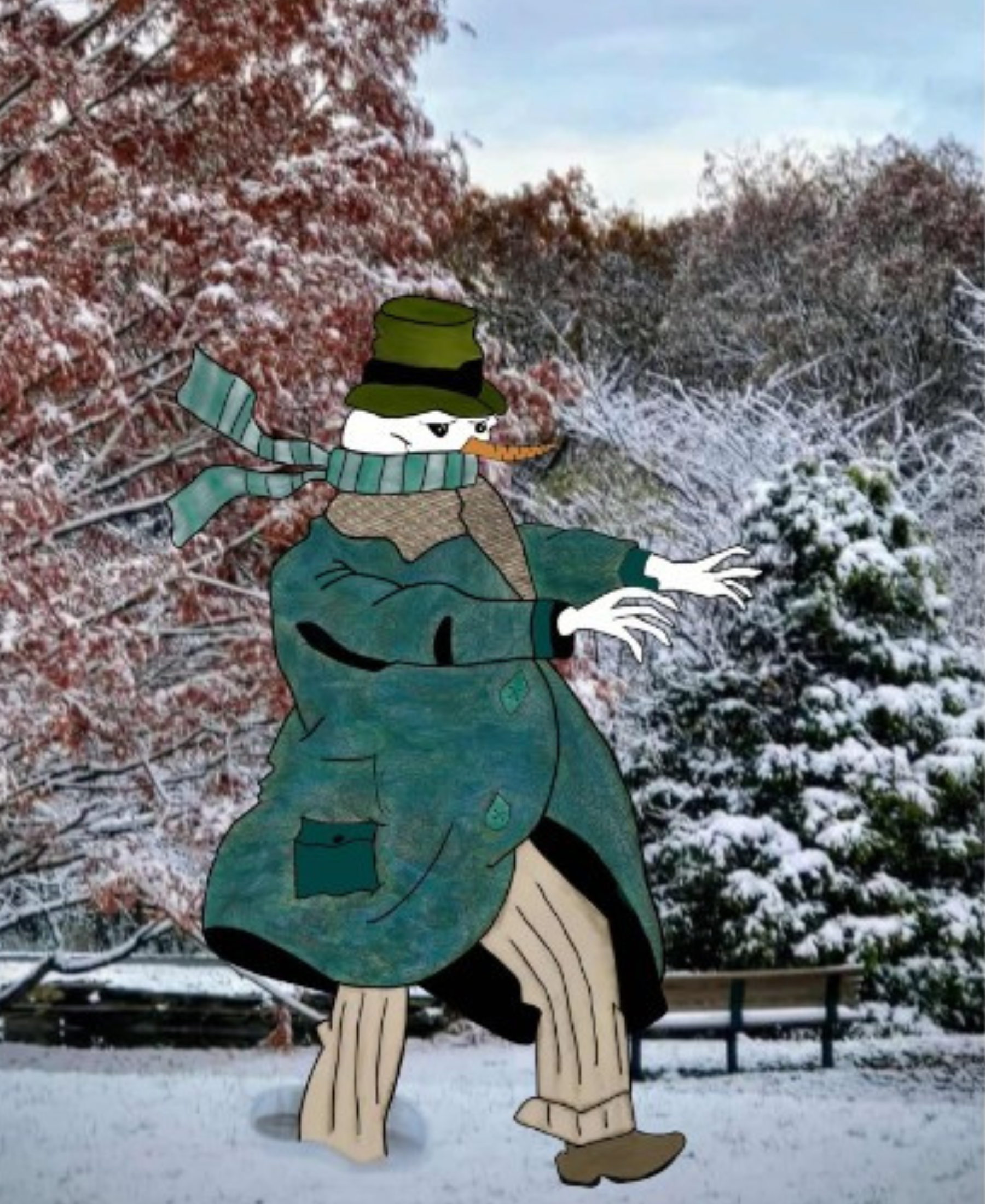 Snowman-headed figure in a green coat and scarf walking through a snowy landscape.