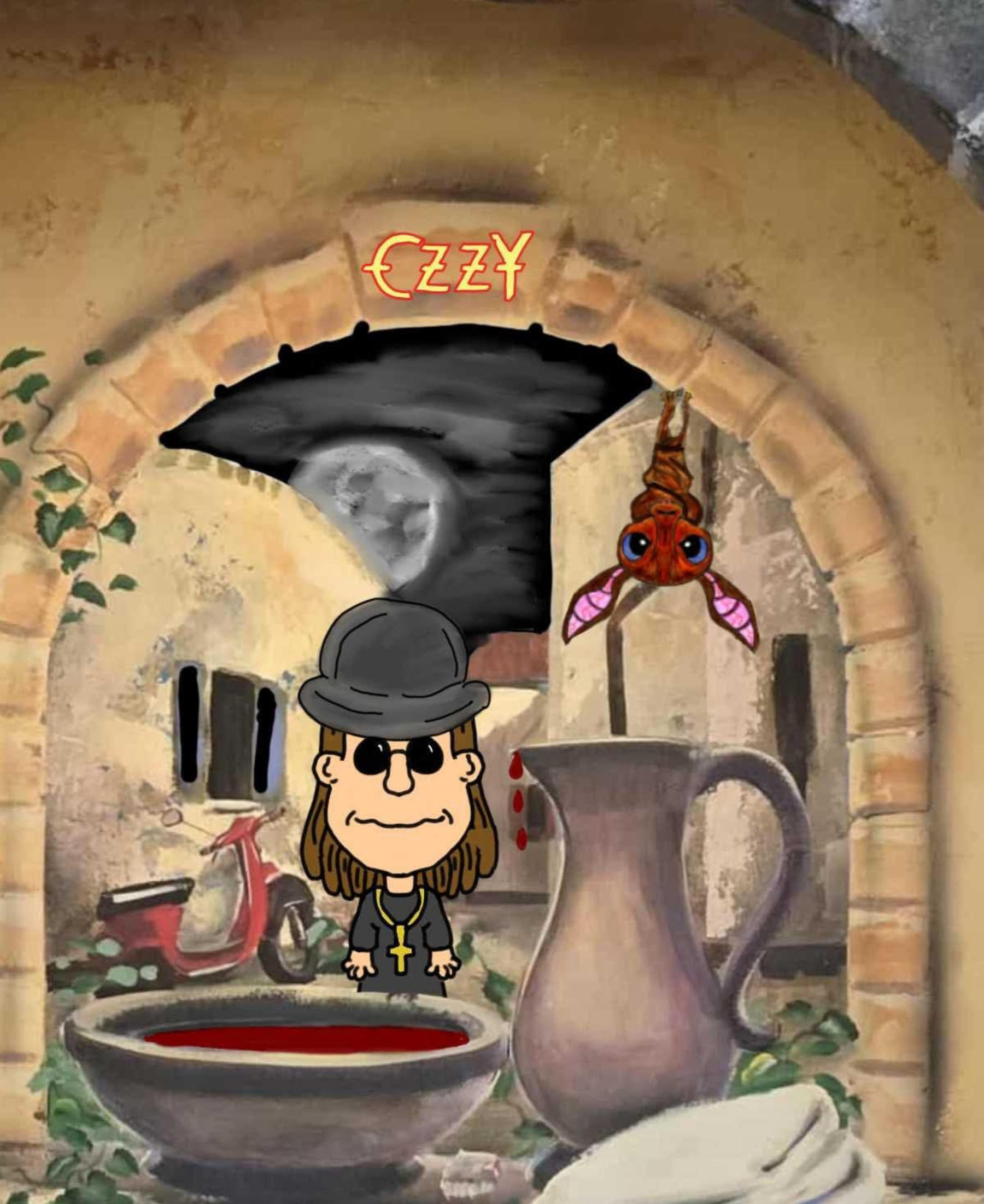 Small Ozzy Osbourne-inspired figure in black standing beneath a swirling black funnel cloud, with a red-eyed bat above a stone archway.