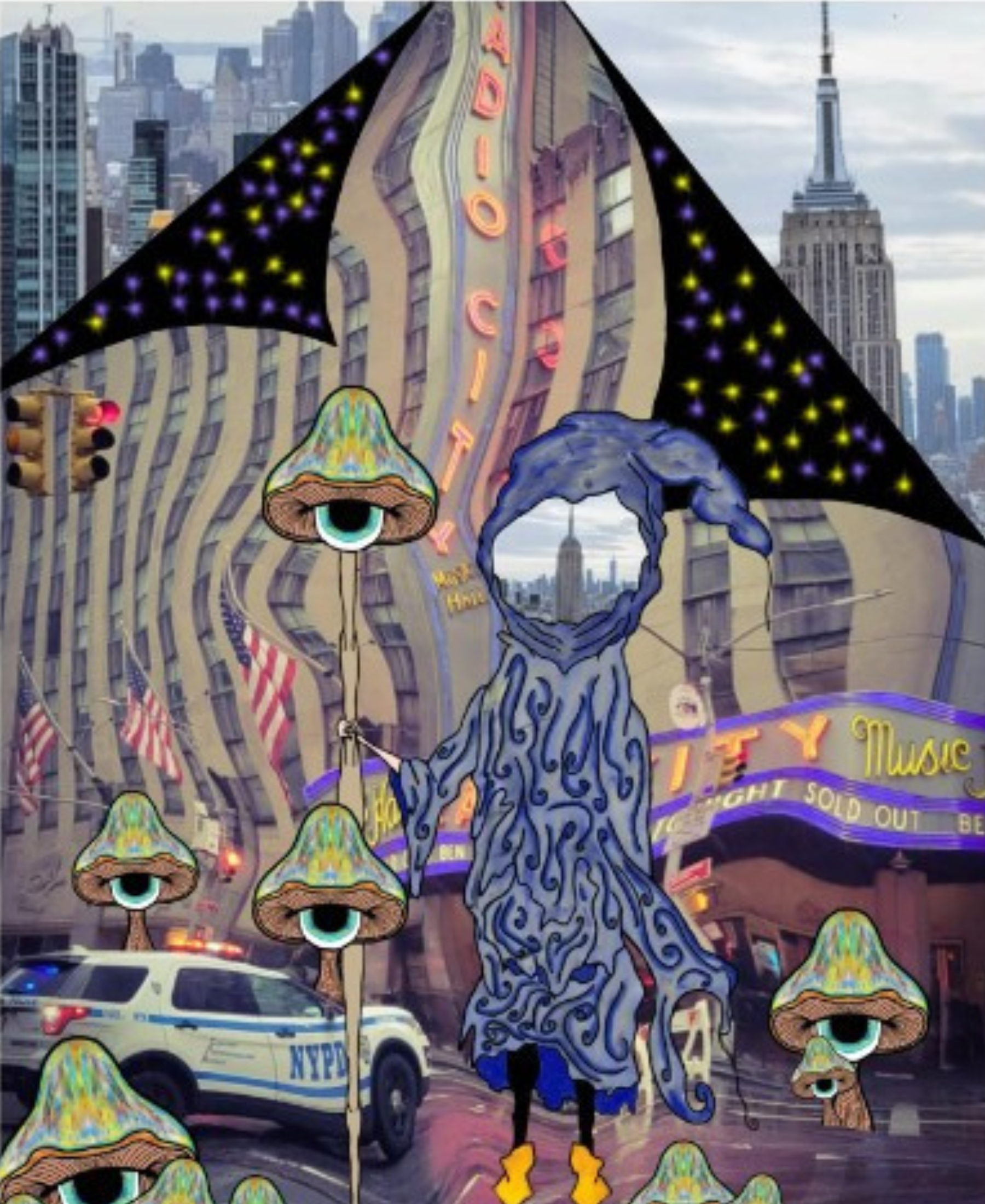 Blue robed figure with a mirror-like face among eye-shaped mushrooms in a warped city street scene.
